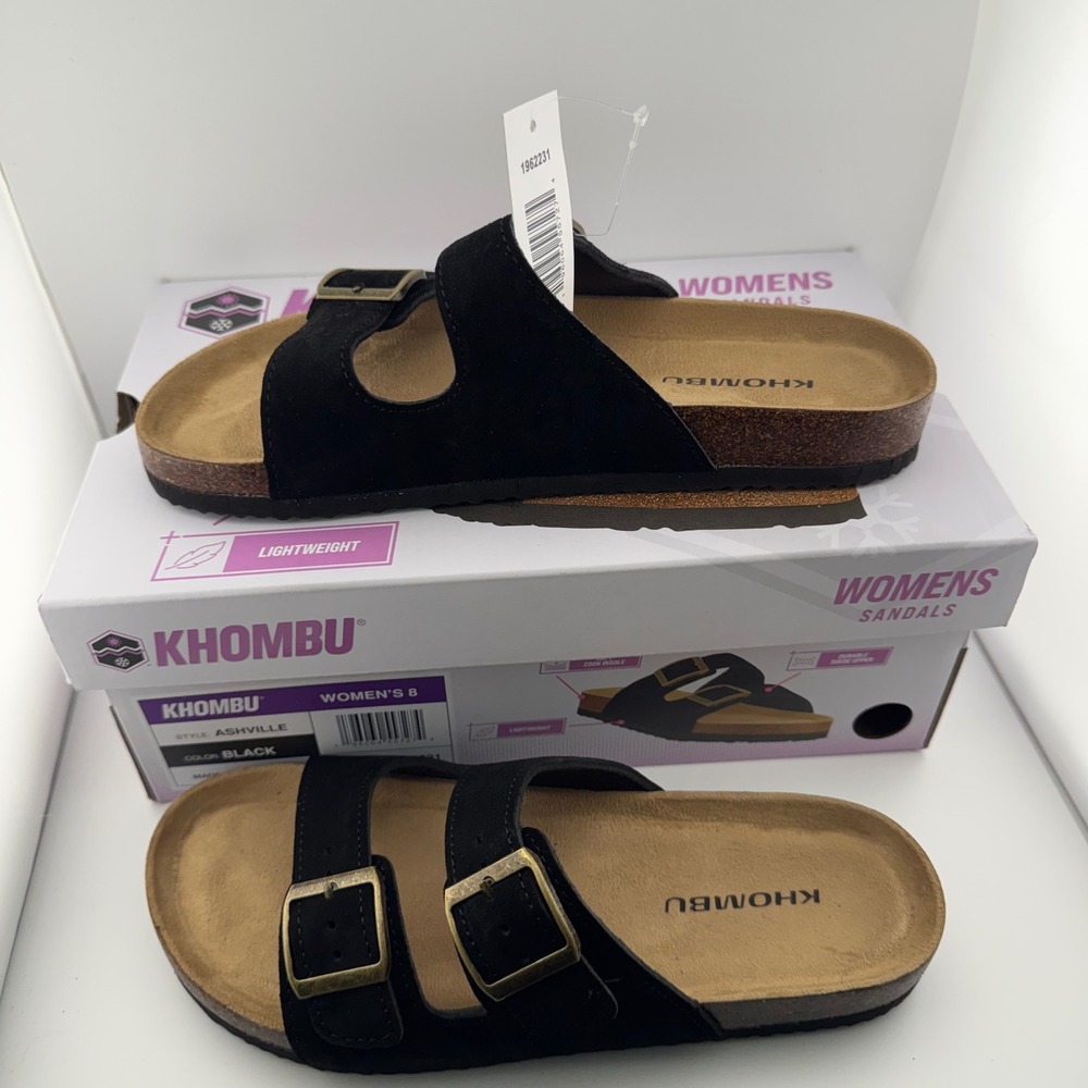 Khombu Ashville Sandals Womens 8 Black NIB Suede Leather Cork Slide Buckle Shoes